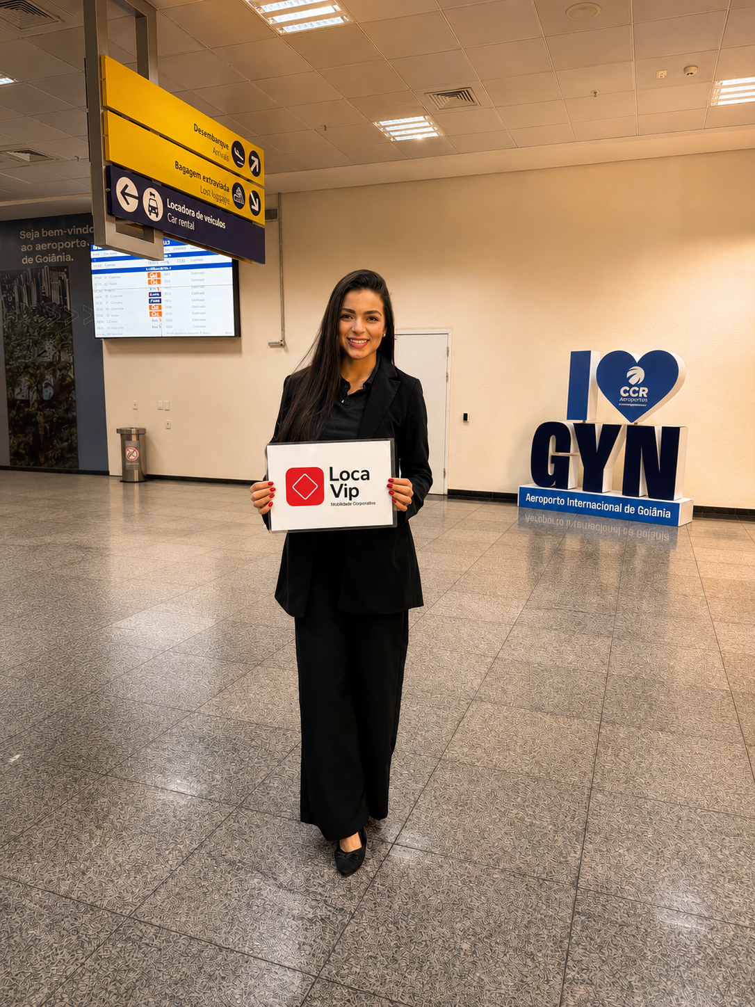 Recepcionista Loca Vip com placa no desembarque do Aeroporto de Goiânia