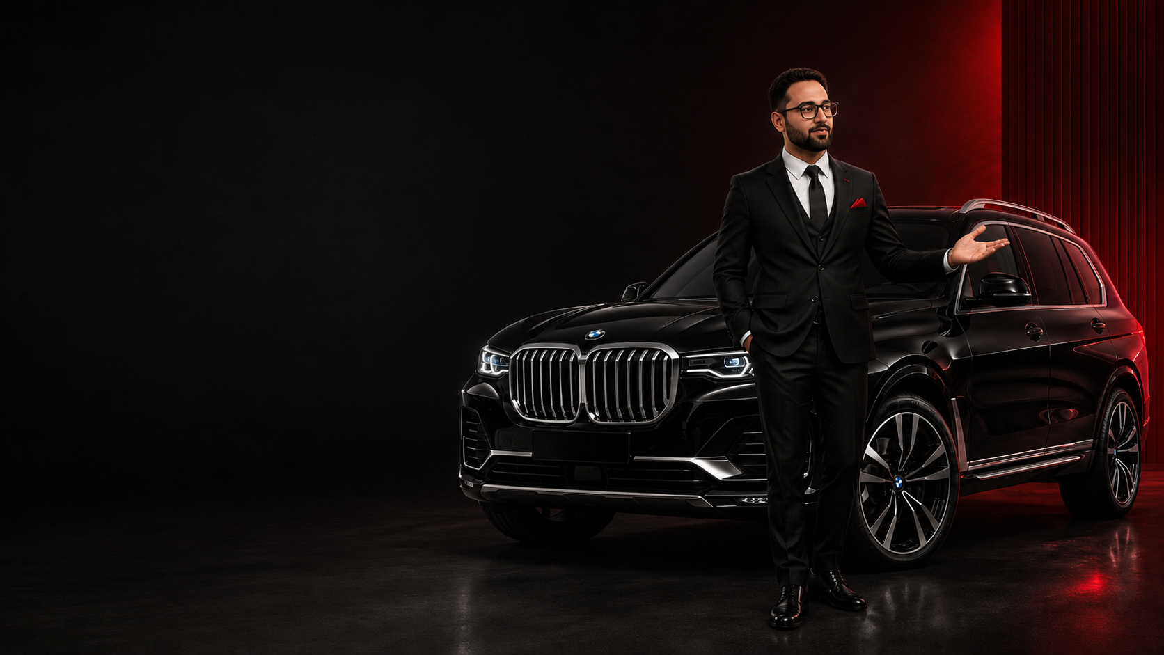 Motorista da Loca Vip em traje formal ao lado de BMW X7 preta