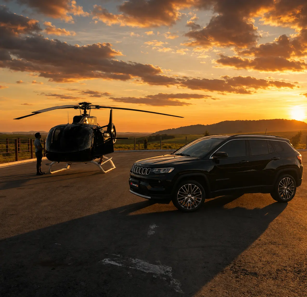Jeep Compass preto Loca Vip ao lado de helicóptero no pôr do sol