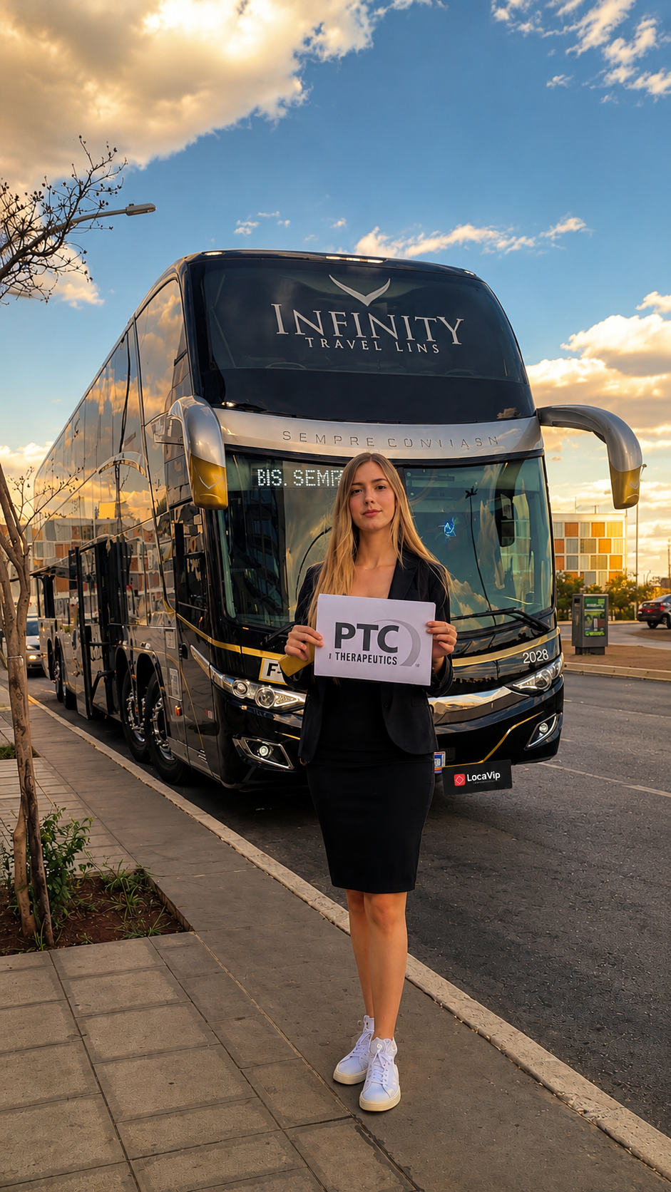 Recepcionista Loca Vip com placa de recepção ao lado de ônibus double decker